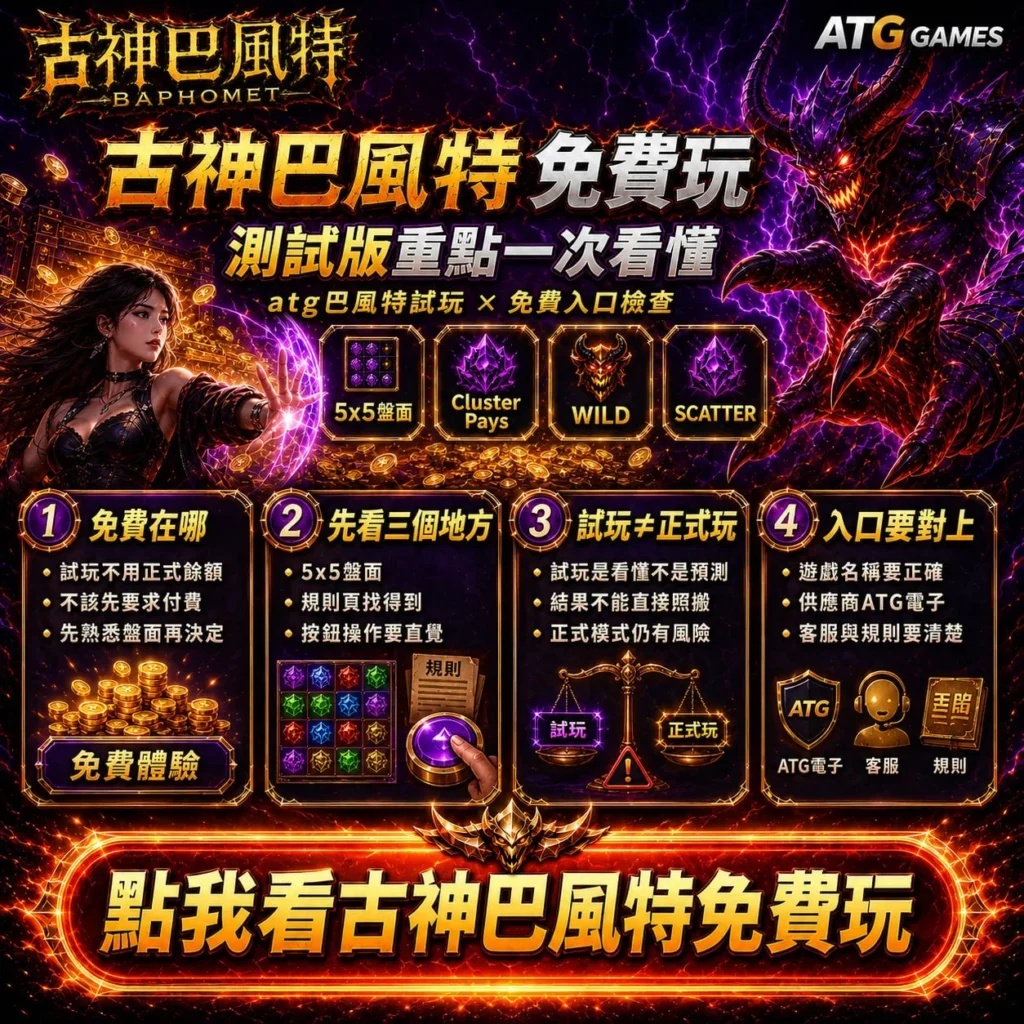 古神巴風特免費玩教學，整理ATG古神巴風特測試版、免費入口、Cluster Pays玩法與試玩重點。